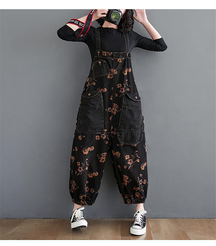 Mouhoukyo Denim Loose Floral Print Jeans Fits All Spring and Sizes Women's Overalls, Casual, Fit, Overalls, Autumn, M-2XL (Color shown, M)