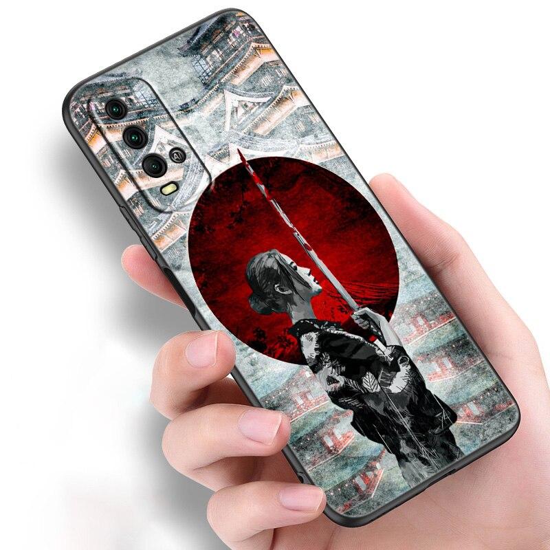 Japanische Samurai-Silikon-Telefonhülle für Xiaomi Redmi Hinweis 11 10 9 8 Pro 11T 10T 10S 9S 8T 9 9A 9C 9T Schwarz Soft Cover Coque