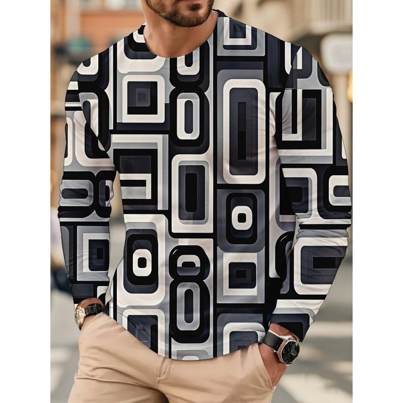 3D Color Block & Geometric Pattern Printed Short Sleeved Men's T-shirts - Soft Medium Stretch Polyester Fabric Spring and Autumn Relaxed Fit Clothing