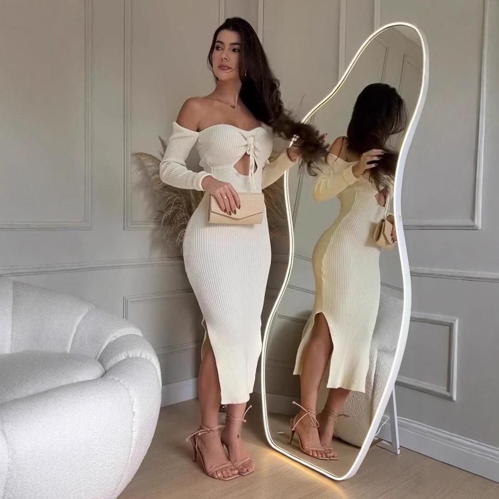 2025 Letní šaty na jedno rameno s rozparkem, jednobarevné, zeštíhlující pas pro ženy