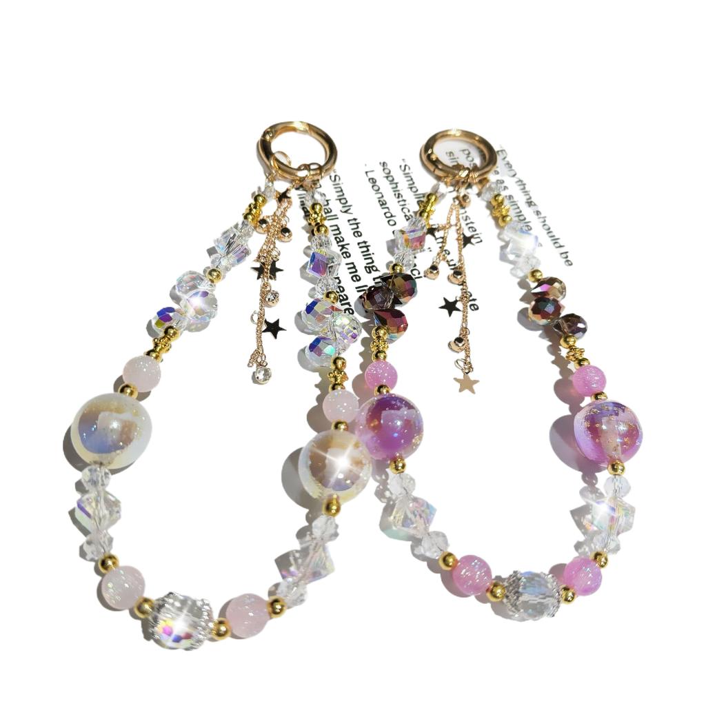 For Light Luxury Crystal Mobile Phone Chain Beaded Short Wrist Chain Fashion Butterfly Pendant Gold Leaf Hand-Made Lanyard