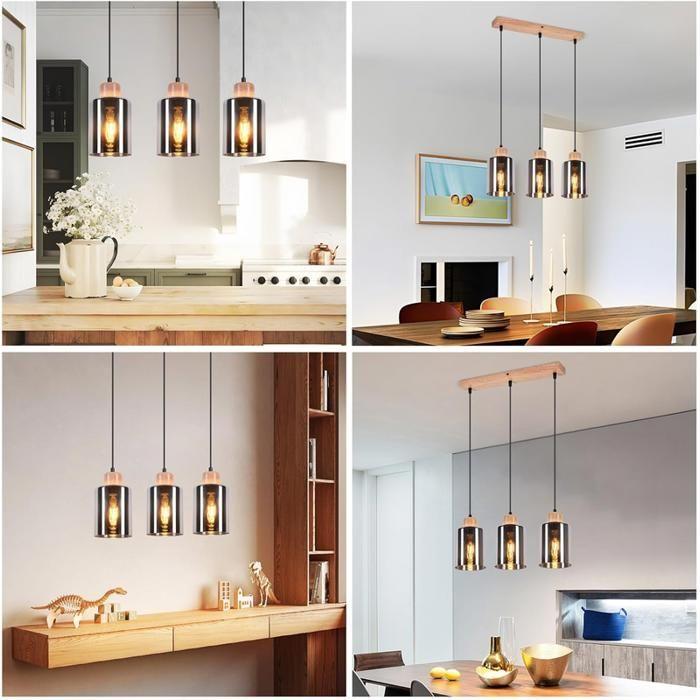 Suspension - NETTLIFE - Modèle table à manger - 3x E27 - Verre fumé - Noir