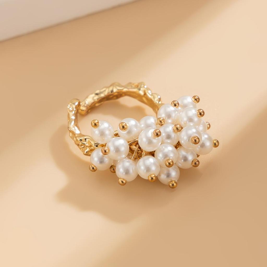 Opening Adjustable Pearl Flowers Rings Vintage Gold Silver Color Retro Exaggerated Metal Alloy Hollow Finger Ring for Women Geometric Jewelry Anillos