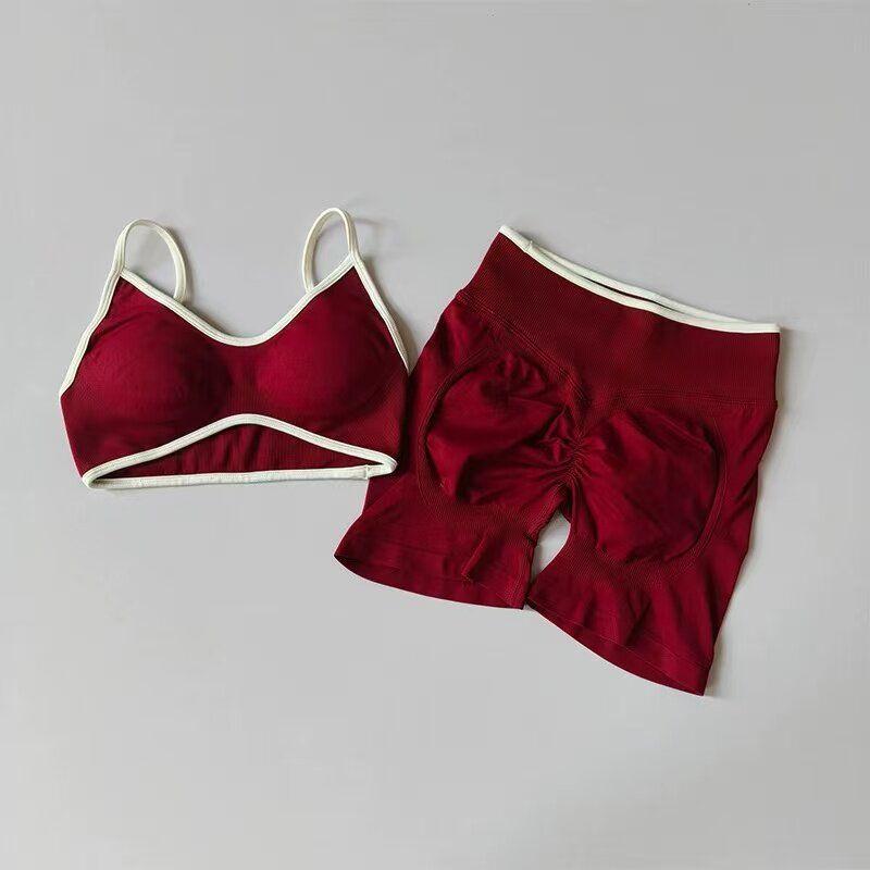 European and American Style Hot Girl Fitness Set with Peach-Shaped Butt Design, Yoga Set for Women with Chest Pads, Sports Bra, High-Waisted Shorts