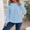 Button Embellished Eyelet Long Sleeve T-Shirt, Casual Solid Crew Neck Top, Spring/Autumn, Women's