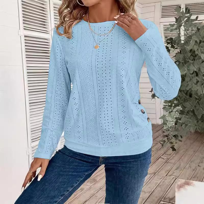 Button Embellished Eyelet Long Sleeve T-Shirt, Casual Solid Crew Neck Top, Spring/Autumn, Women's
