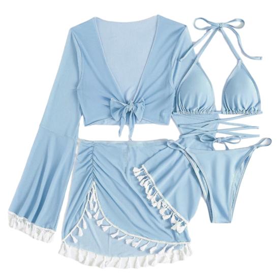 4ks/sada Dámské Sexy Bikini Set Halter Šněrovací Trojúhelník Podprsenka Kalhotky Plavky Přikrývka se sukní Plavky