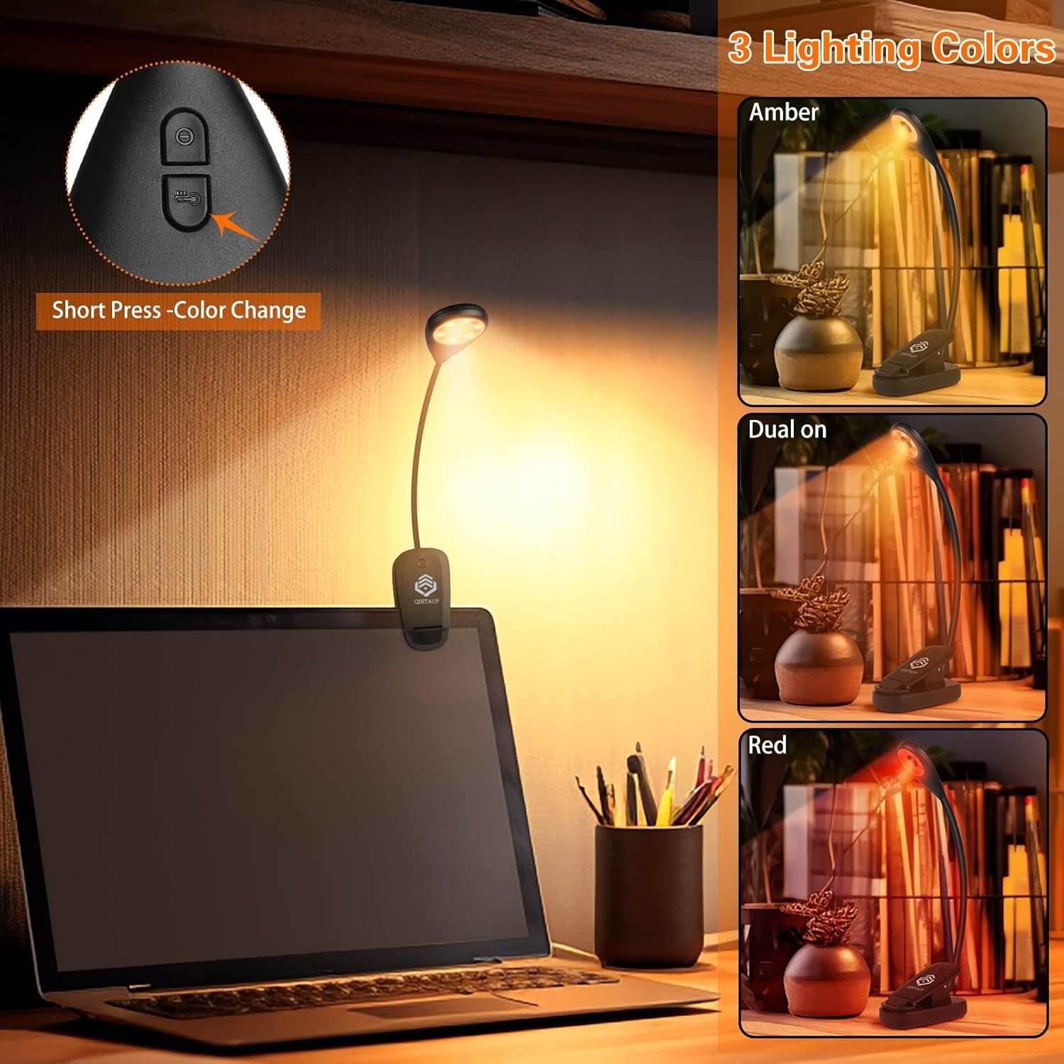 

Красный ночник для чтения в постели, лампа-клипса для общежития, защита от синего света и безопасный для глаз для детей, 3 цвета освещения, бесступенчатая регулировка яркости, 360°