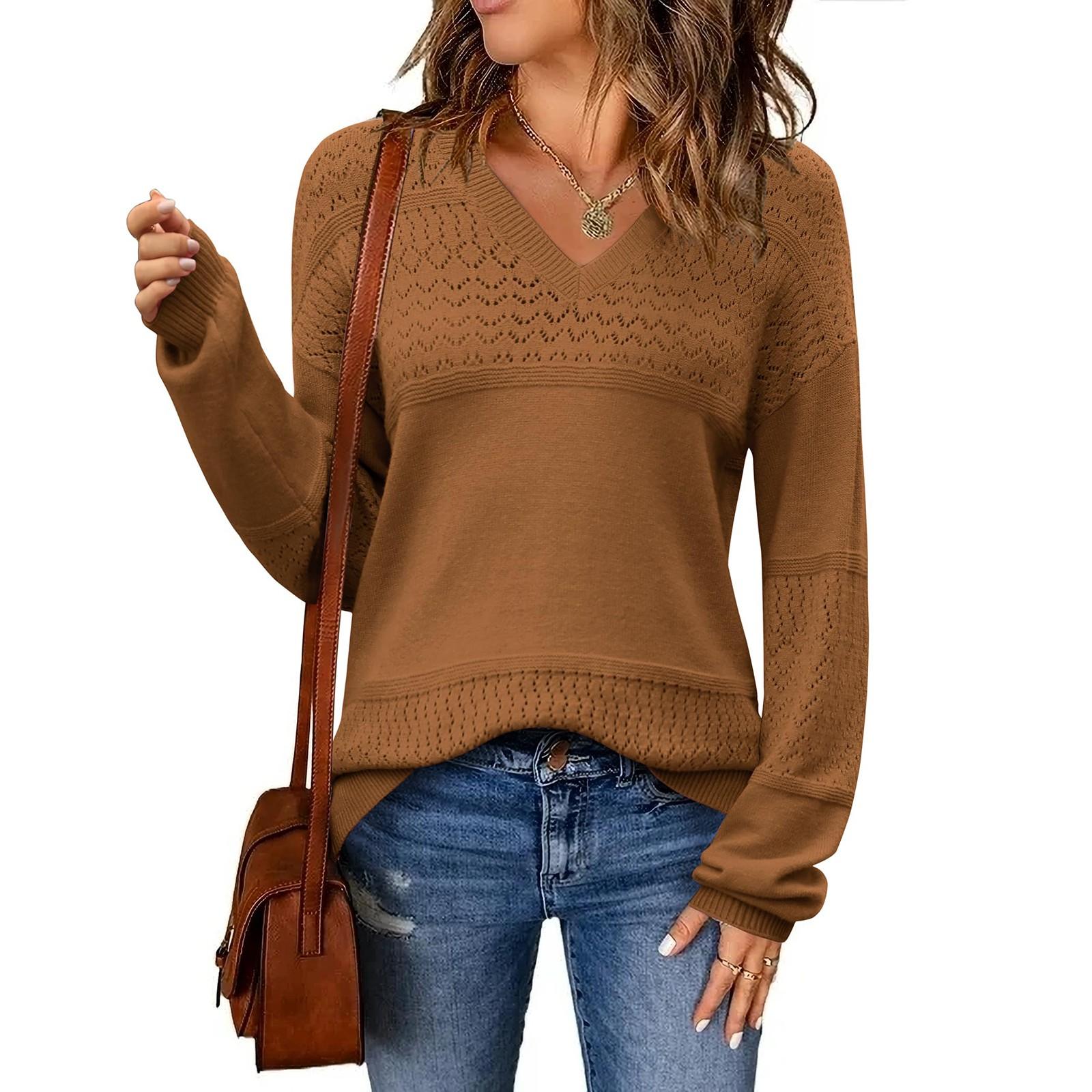 

Women s Loose Knitted Sweater With V-Neck Hollowed Out Pullover Long Sleeved Solid Color Top S кавовий