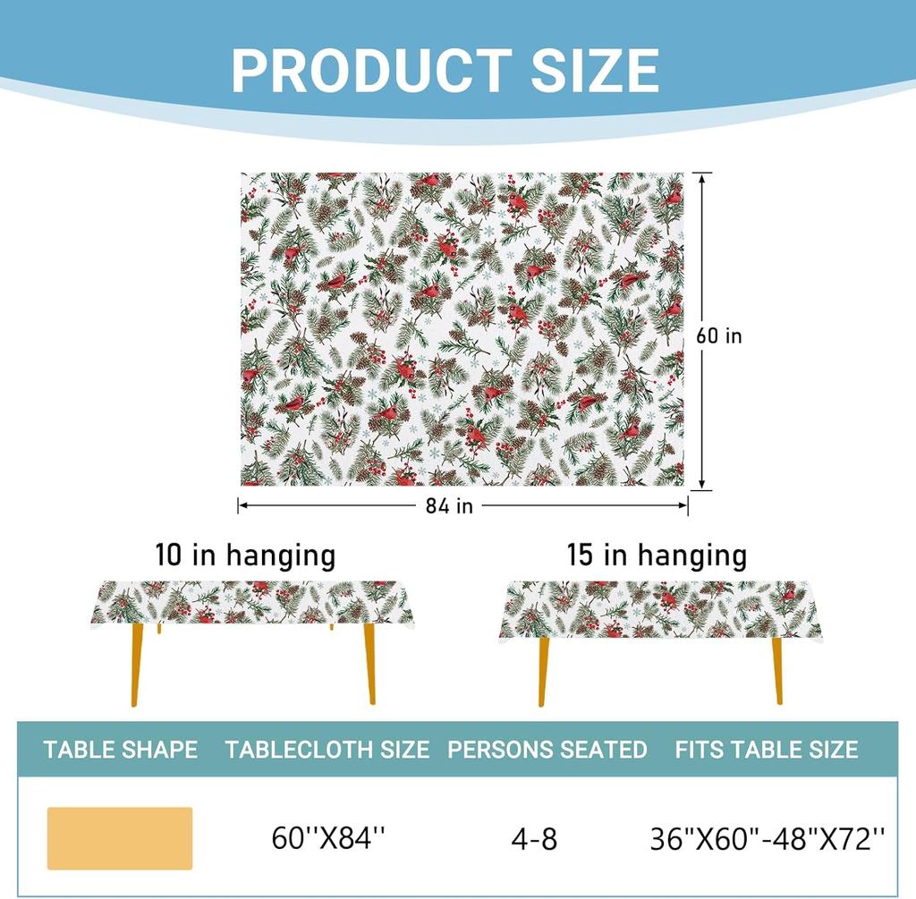 Christmas Pine Cone Needle Berry Birds Rectangle Tablecloth For Table Decor Winter Xmas Dining Table Cloth Christmas Decorations