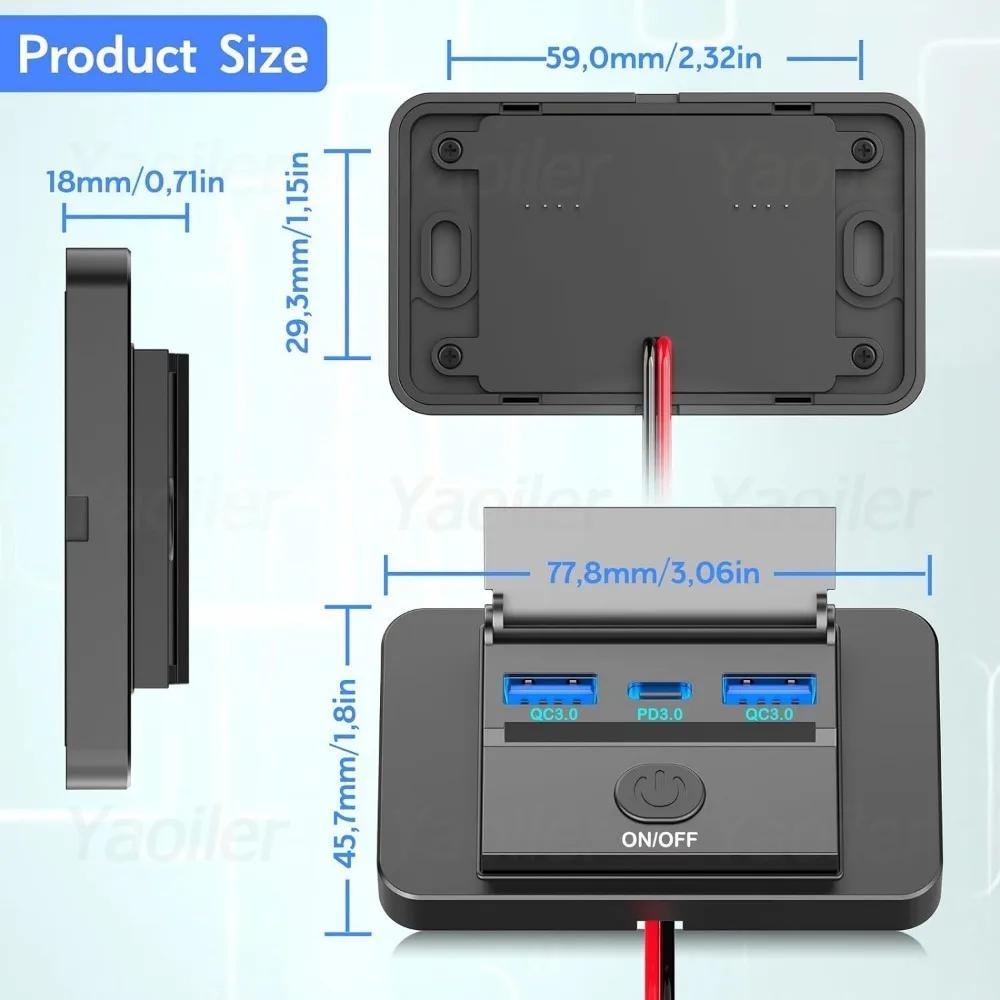 12V-24V RV USB Power Outlet 72W/90W PD3.0 USB C 36W & Dual QC3.0 18W 3-Ports Car Charger Socket Accessories for Car Bus RV Truck