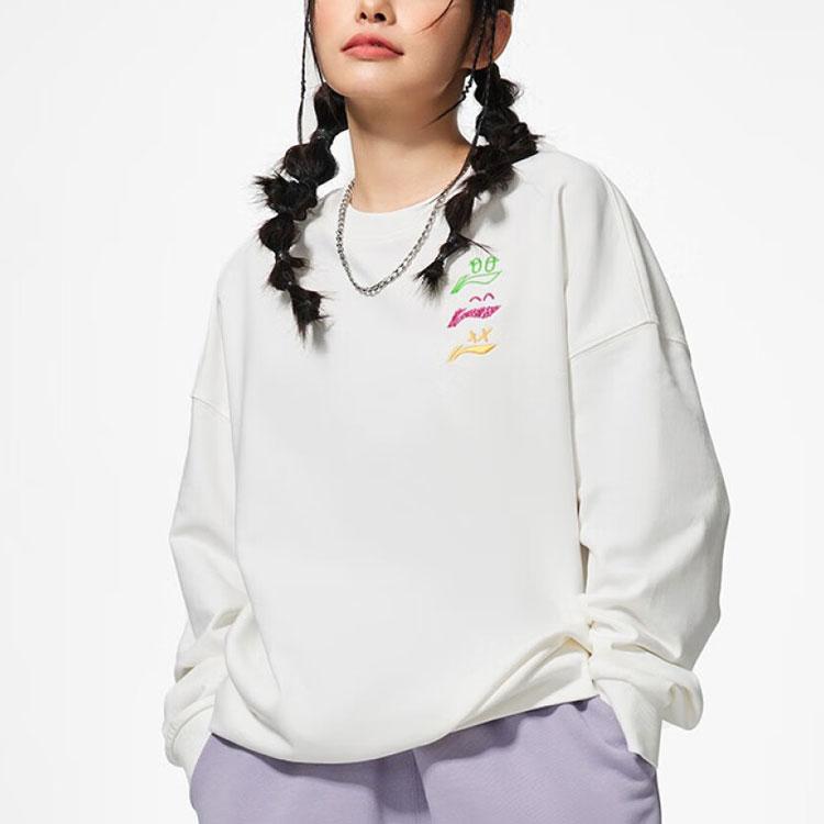Li Ning Sports Lifestyle Series Logo Embroidered Fleece Warm Casual Long Sleeve Sweatshirt Unisex sweatshirt Off-White AWDSF71-7