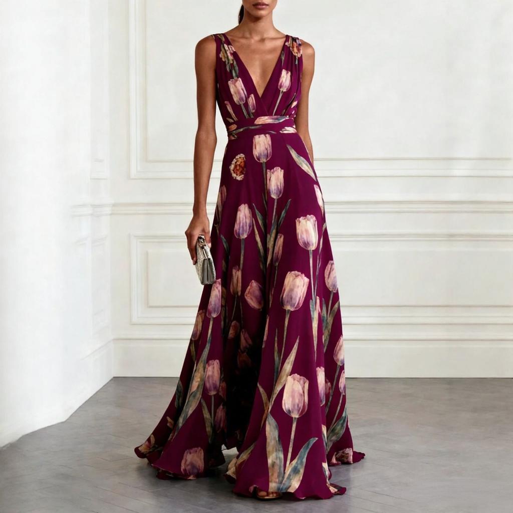 New Women's Tulip Print Sleeveless V-Neck Elegant Long Evening Dress for Women, European American Style Party Gown
