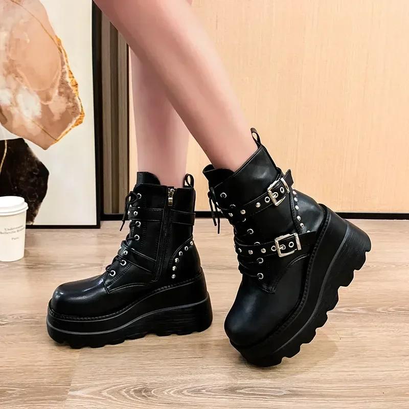 2024 Fashion Goth Platform Ankle Chelsea Boots Women Rock Emo Chunky Grunge Wedges Motorcyccle Shoes Big Sizes 43 Booty Woman