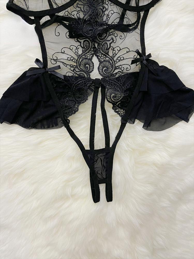 2024 Sheer Bow Lace Sexy Jumpsuits Women Hollow Out Porno Lingerie Romper Female Open Crotch Fashion Strap Transparent Playsuits