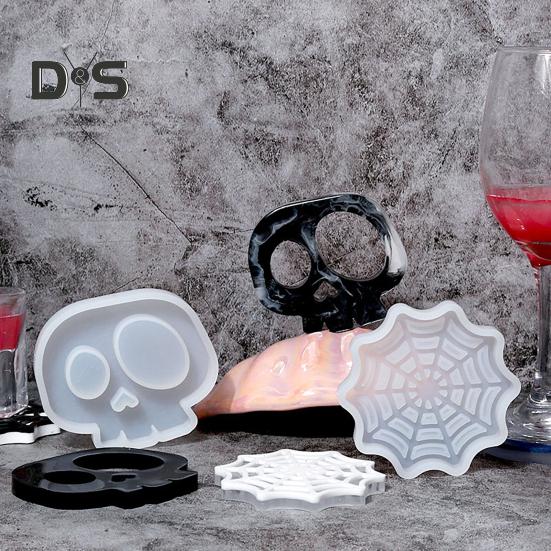Halloween Coaster Resin Mold Skull Spider Web Tombstone Shape DIY Craft Epoxy Resin Casting Silicone Candle Cup Holder Candle Mould