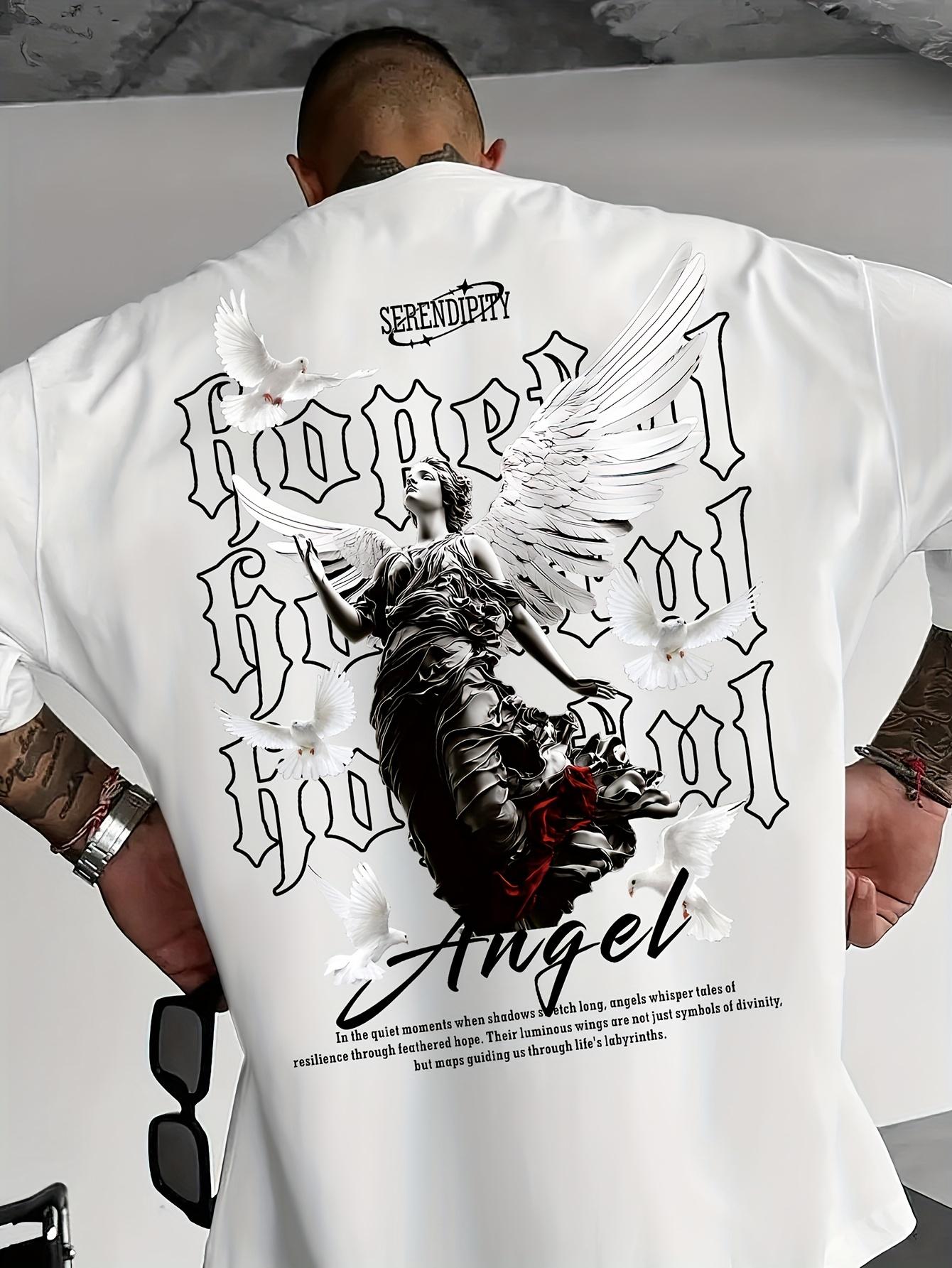 

Men s Black Graphic T-Shirt with Angel Dove Print Gothic Lettering Inspirational Text Loose Fit Casual Short Sleeve S
