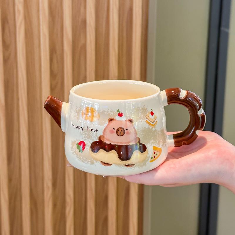ins high-value cute kapibara kettle boy and girl couple ceramic mug with lid spoon birthday gift