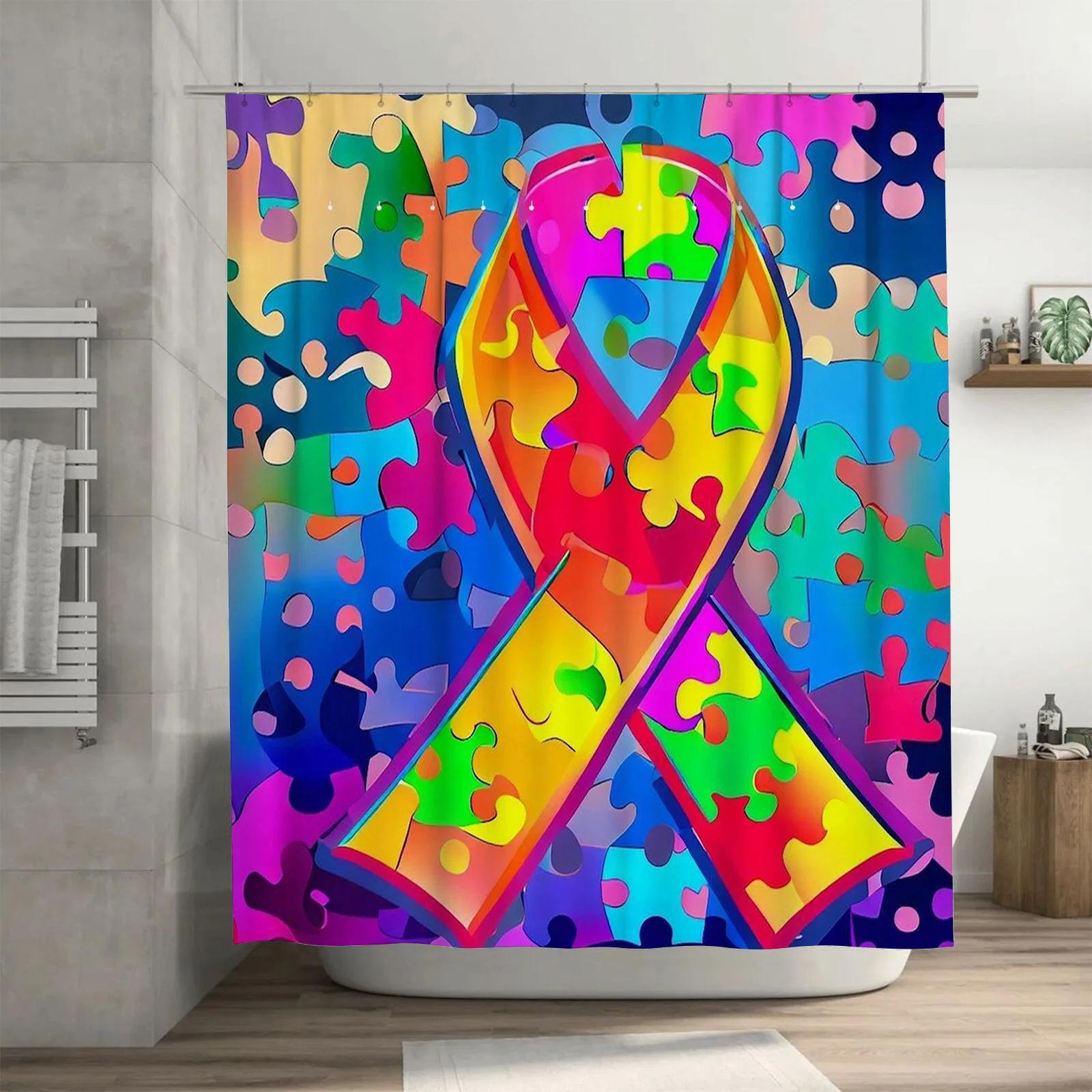 

Autism Awareness Rainbow Puzzle Ribbon Art Shower Curtain - Waterproof Design for Stylish, Unique & Supportive Bathroom Decor W90xH180cm