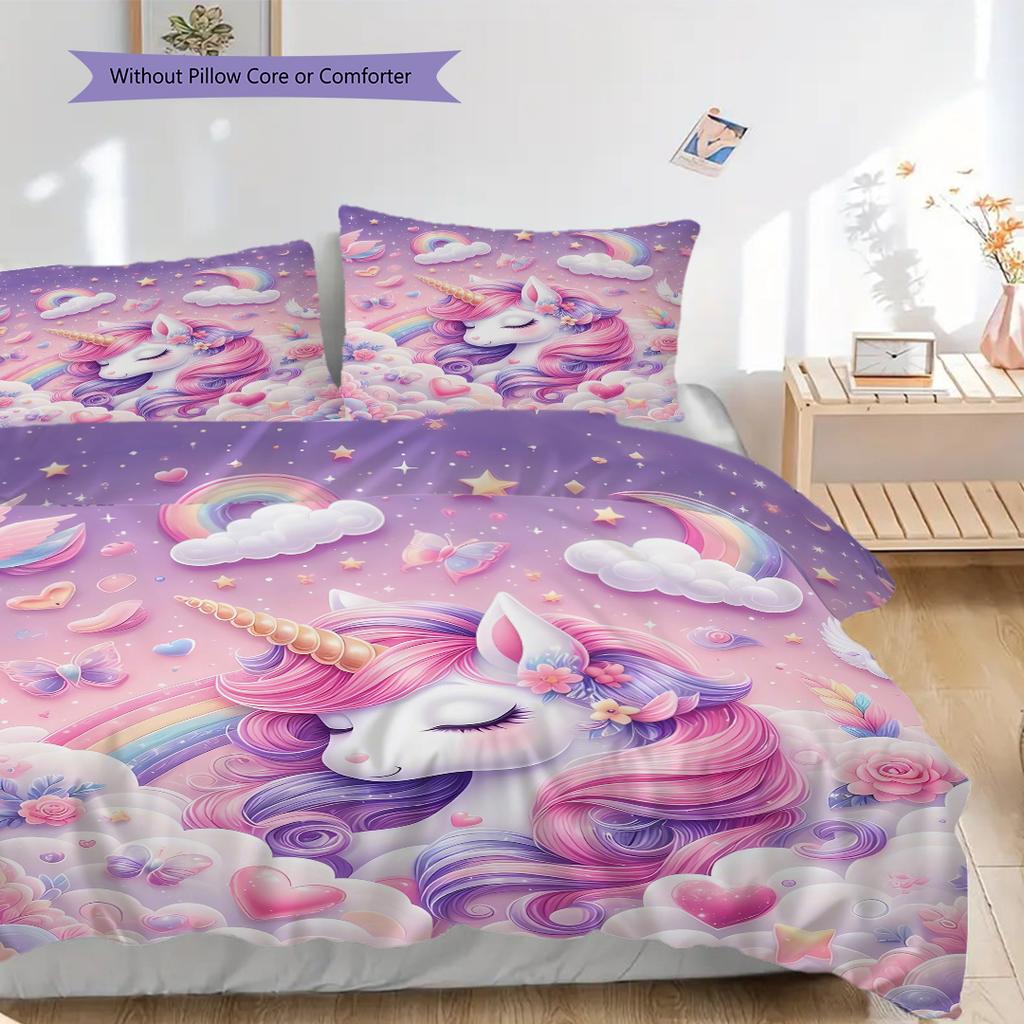 Einhorn auf den Wolken Bettwäsche, Bettbezug, Kissenbezug, Heimdekoration, Geburtstagsgeschenk (1 * Bettbezug+2 * Kissenbezug, ohne Füllung)