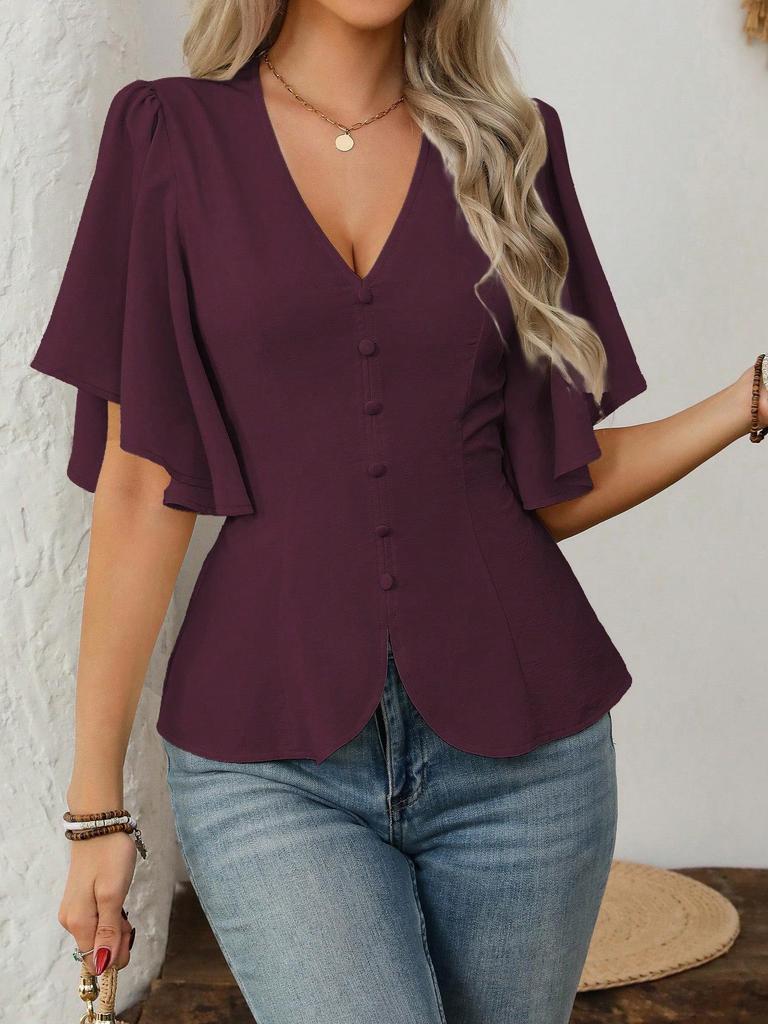 2026 European Style V-neck Waist-cinching Women's Short-sleeved Top