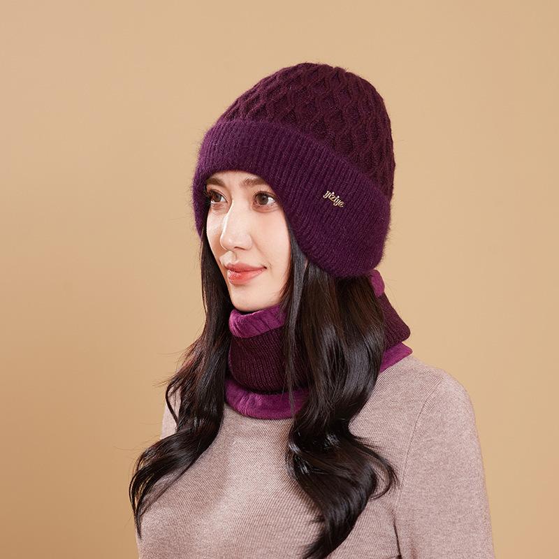 

Осенне-зимняя шляпа из шерсти для мам среднего и пожилого возраста, вязаный комплект из двух частей, защита для ушей, шапка-пуловер, шарф, плюшевая теплая шапка Scarf фиолетовый