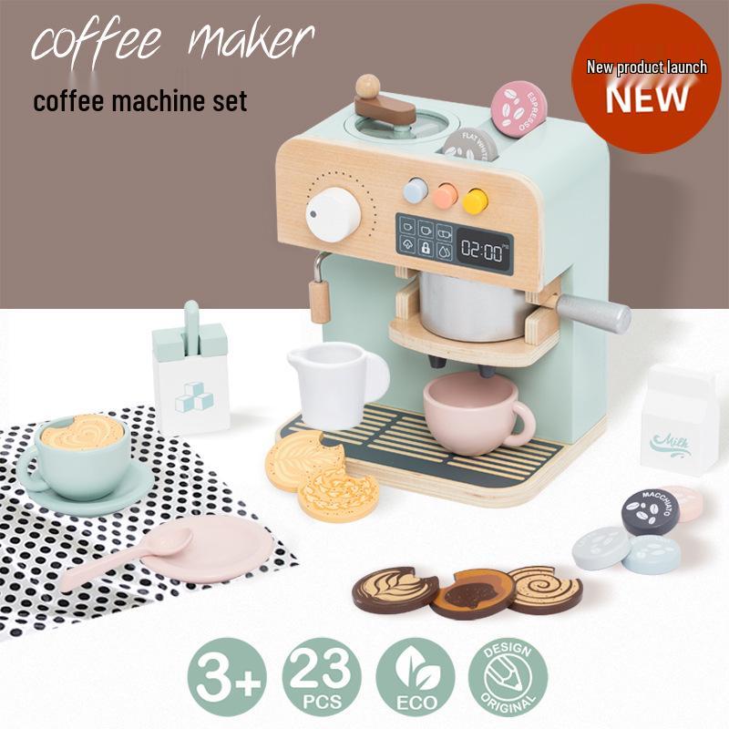 

Interactive Wooden Coffee Machine Toy for Early Education and Role-Playing with Rich Accessories