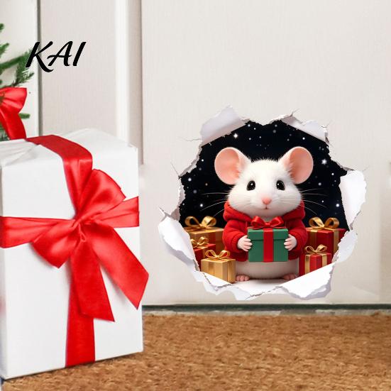 Creative Christmas Gifts for Friends 3D Hole Illusion Mouse Wall Sticker, Peel And Stick Waterproof PVC Self Adhesive Art Decal Window Glass, Festive