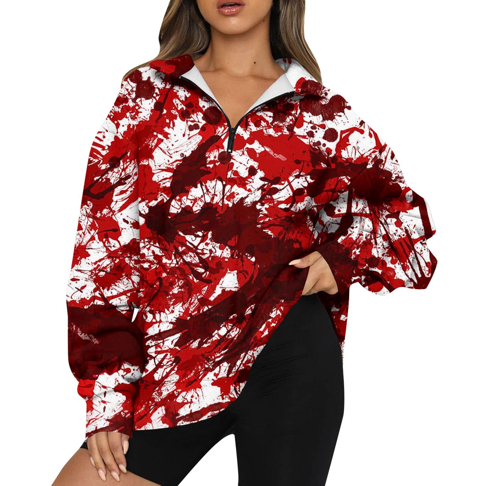 

Женская мода повседневная толстовка с длинным рукавом и принтом на Хэллоуин с застежкой-молнией и воротником-стойкой с заниженными плечами XL винный