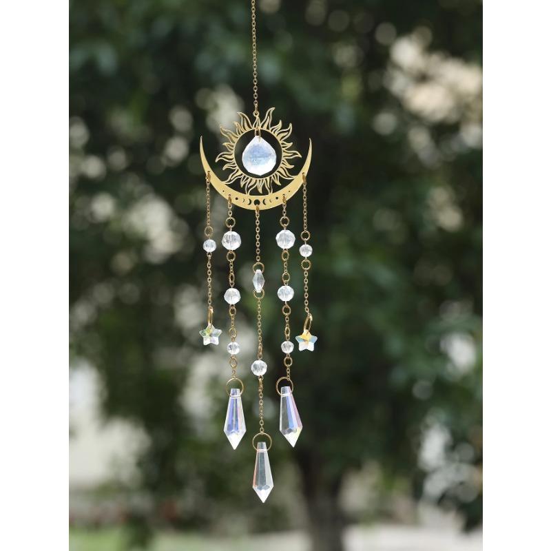 1pc Gold Flame Moon Crystal Pendant Sunlight Catcher Outdoor Garden Ab Colourful Hanging Decorations Hanging Ornaments
