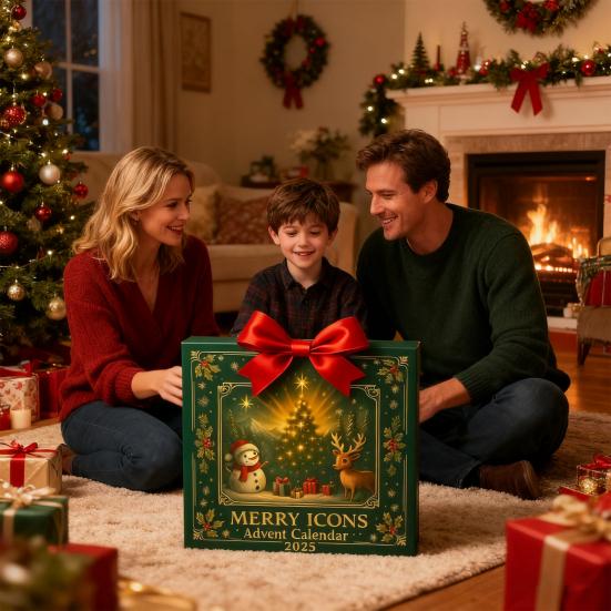 Limitovaná edice adventního kalendáře 2025 24denní odpočítávání přívěsek vánočního stromku s ikonami Veselé Vánoce slavnostní ozdoby