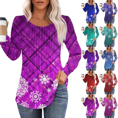 Tricou de damă casual și la modă, cu gât rotund imprimat, cu mâneci lungi plisate, top pentru Crăciun