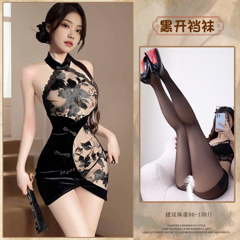 Sex underwear sexy lace neck embroidery perspective temptation backless velvet hip-wrapped cheongsam set