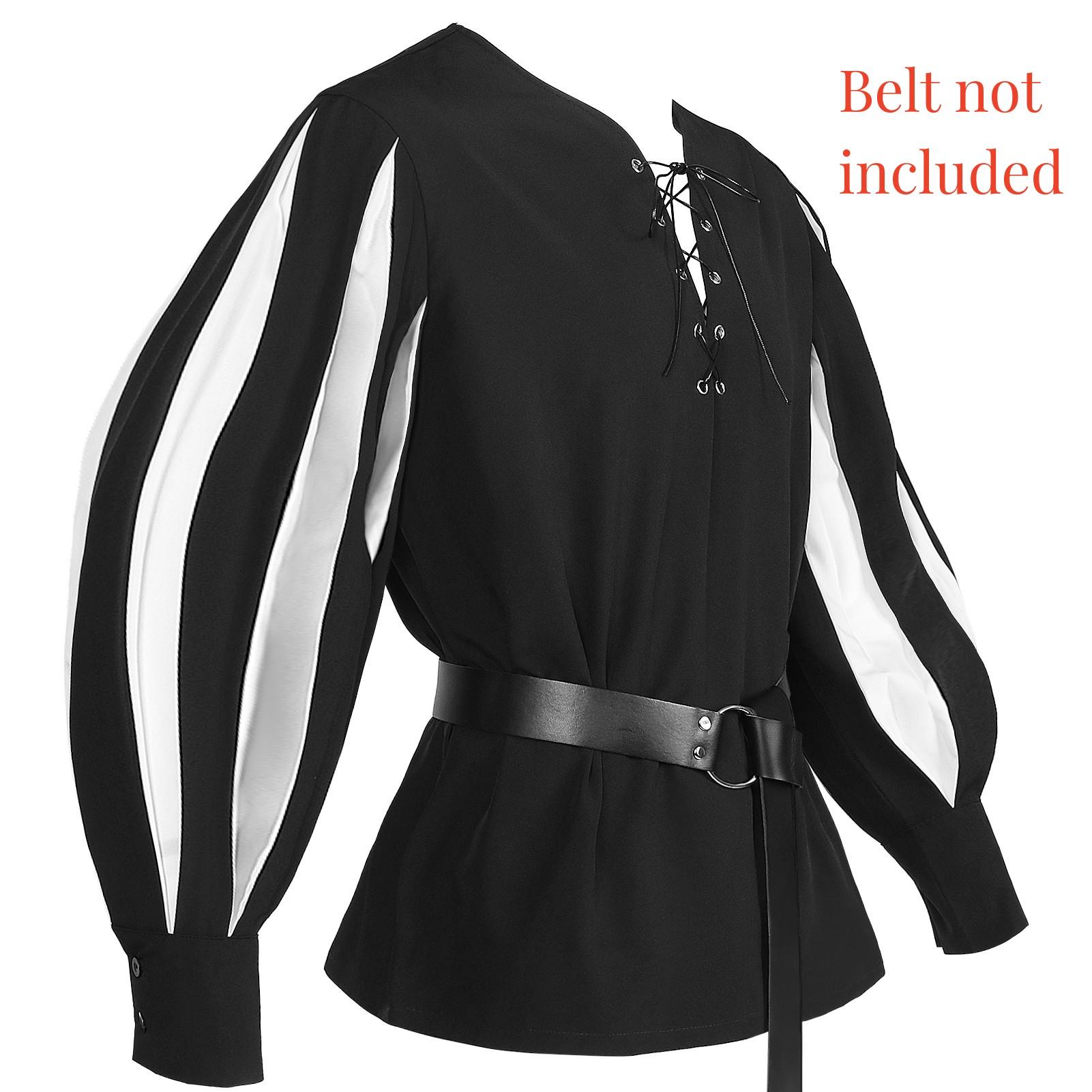 

Мужская средневековая рубашка с V-образным вырезом, пояс, винтажные топы с рукавами-буфами, косплей викинга, пирата Black White,L