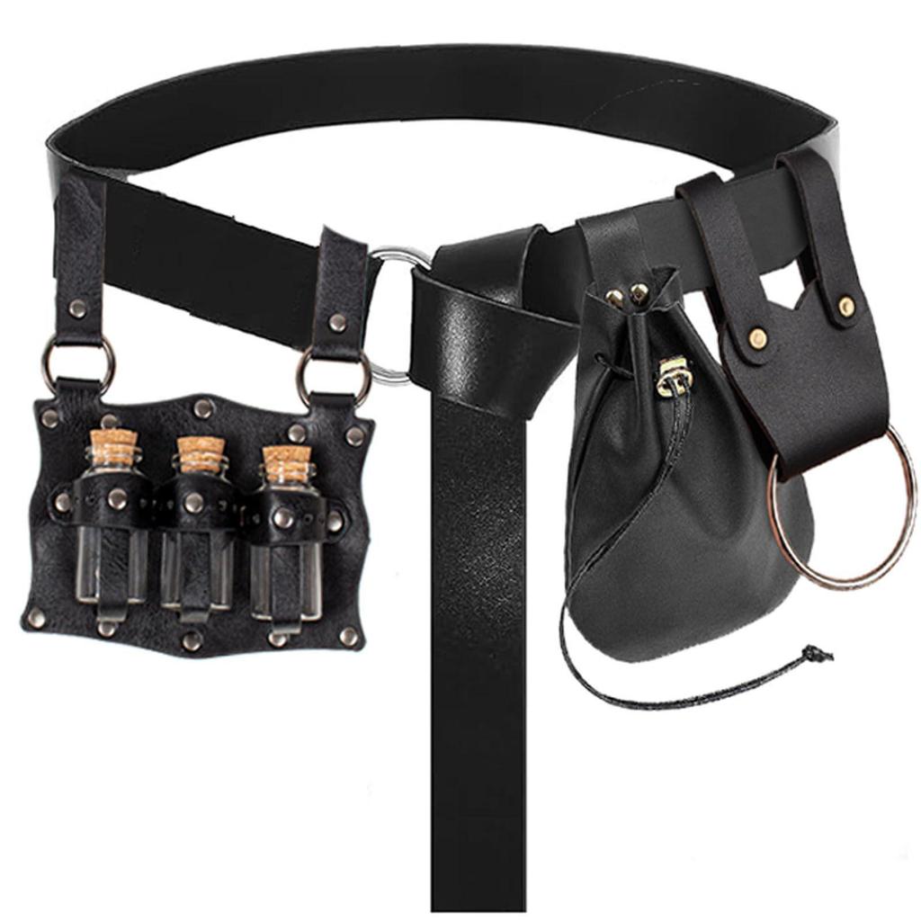 Medieval Leather Waistband Belt with Cord and Pouch