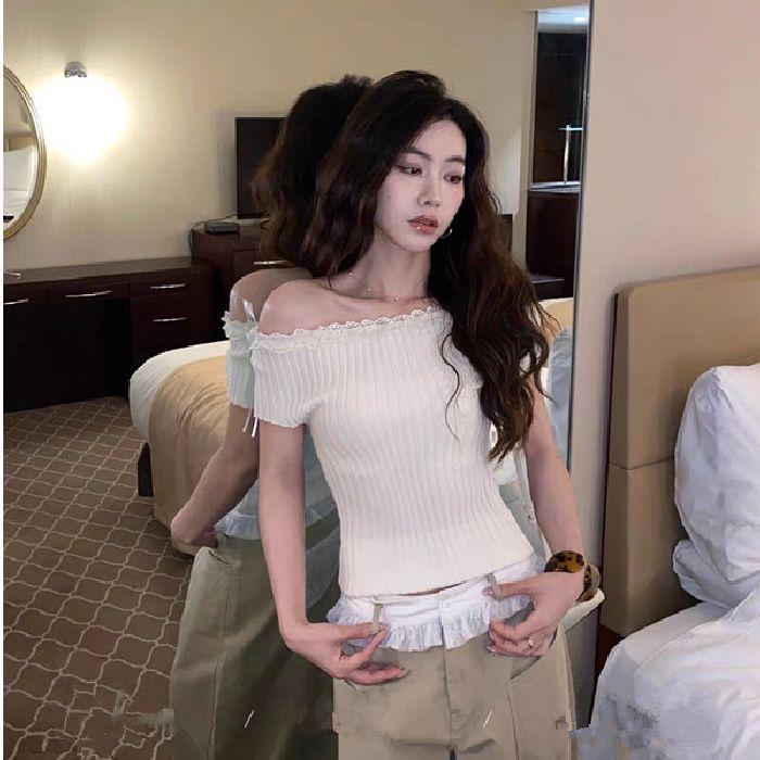 French Bow, Niche Knitted Short-sleeved T-shirt, Versatile Off-the-shoulder Top