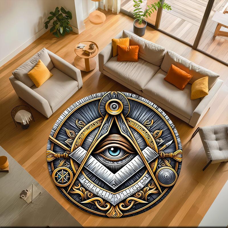 1pc The square and compass of Freemasonry Round carpet Painted Printed circular carpet, home door mat, outdoor travel protection carpet