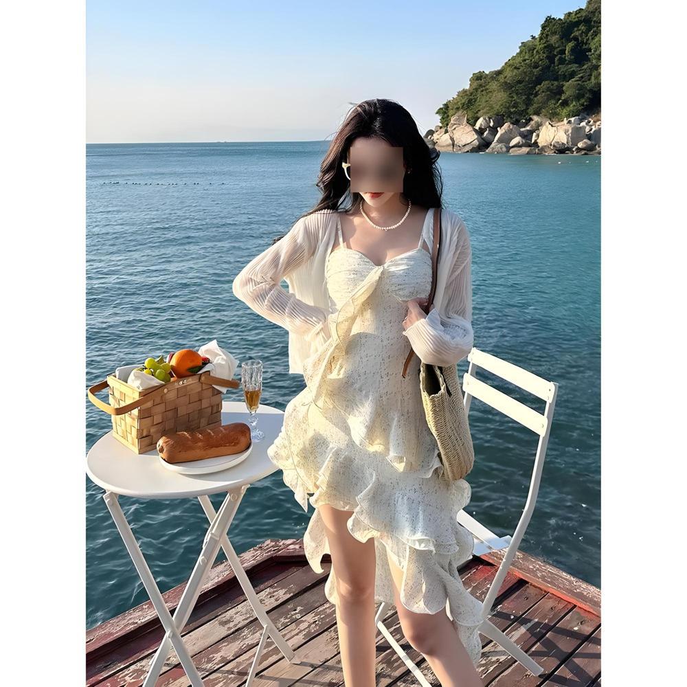 Sweet Lotus Leaf Edge Suspender Dress Fairy Summer Floral Skirt Irregular Temperament Seaside Beach Dress