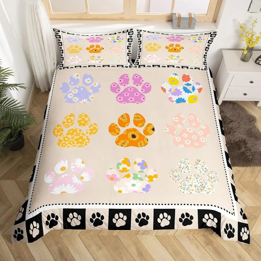 Dog Paw Print Duvet Cover Watercolor Gradient Puppy Footprints Comforter Cover with 2 Pillowcases,Funny Pets Animal Quilt Cover