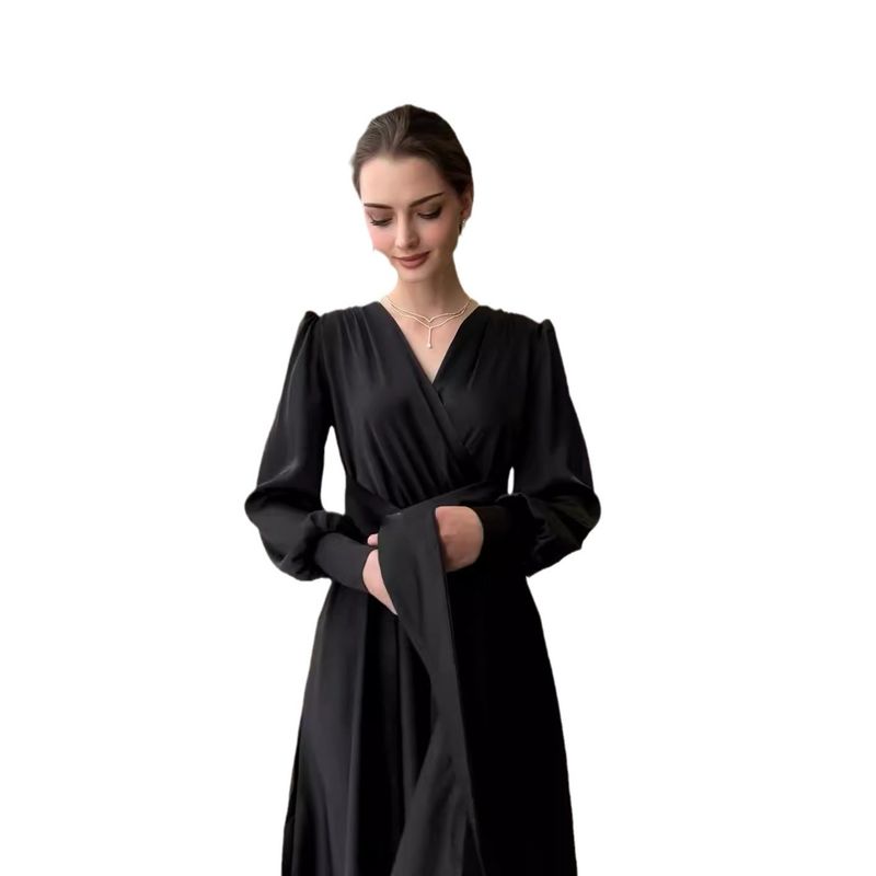European and American V-neck Lace-up Waist Hugging Pleat Elegant Black French Style Long Dress Black Long Dress