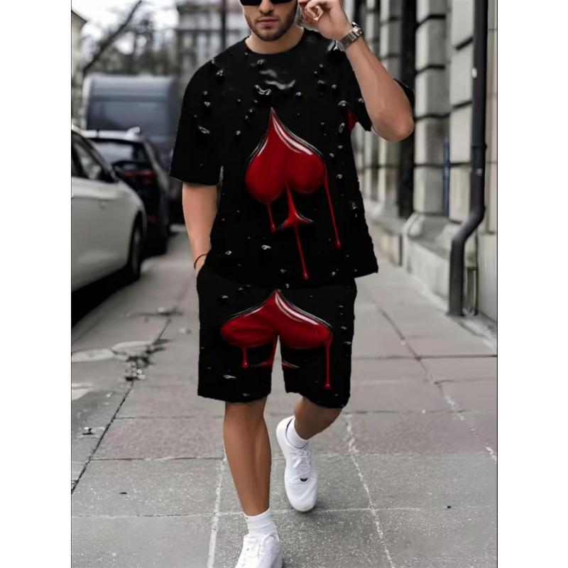 Urban Street Fashion Trend Men's Round Neck Short Sleeved Shorts Set, Outdoor Simple Casual and Comfortable