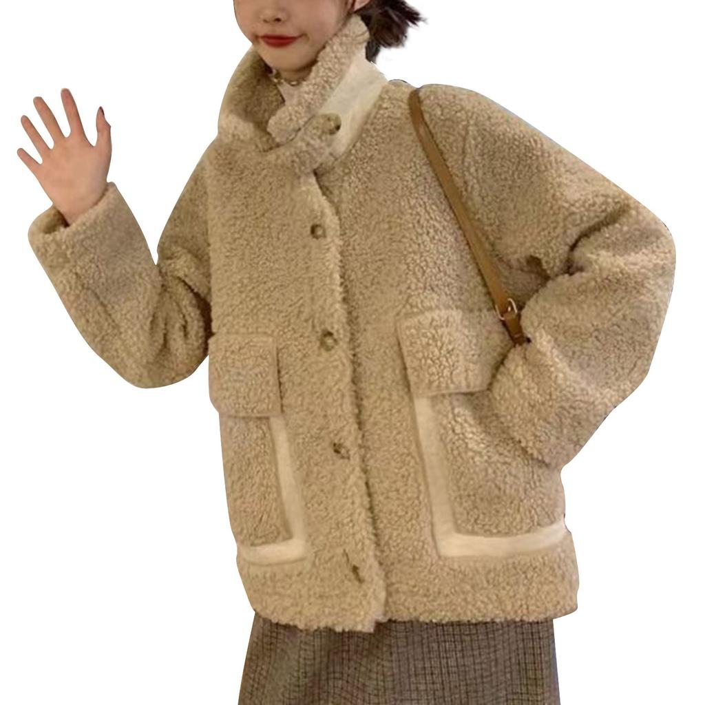 Women's Fall And Winter Casual Colour Standing Collar Button Hundred Thickened Lamb's Wool Coat