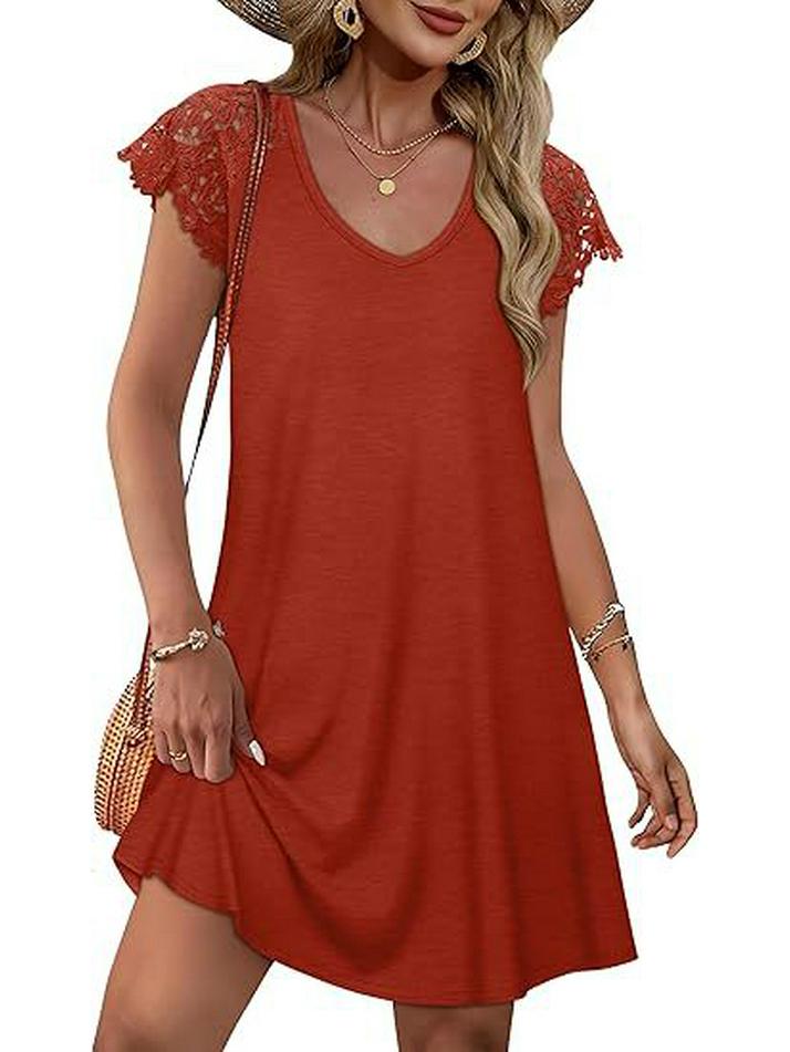 European Women's Lace Casual Short Sleeve Wedding Dress for Beach Vacation