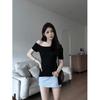 Human Cotton, Design Off-the-shoulder Top T-shirt, Careful Machine, One-word Shoulder Asymmetrical Slim-fitting and Thin Short-sleeved Bottoming Shirt