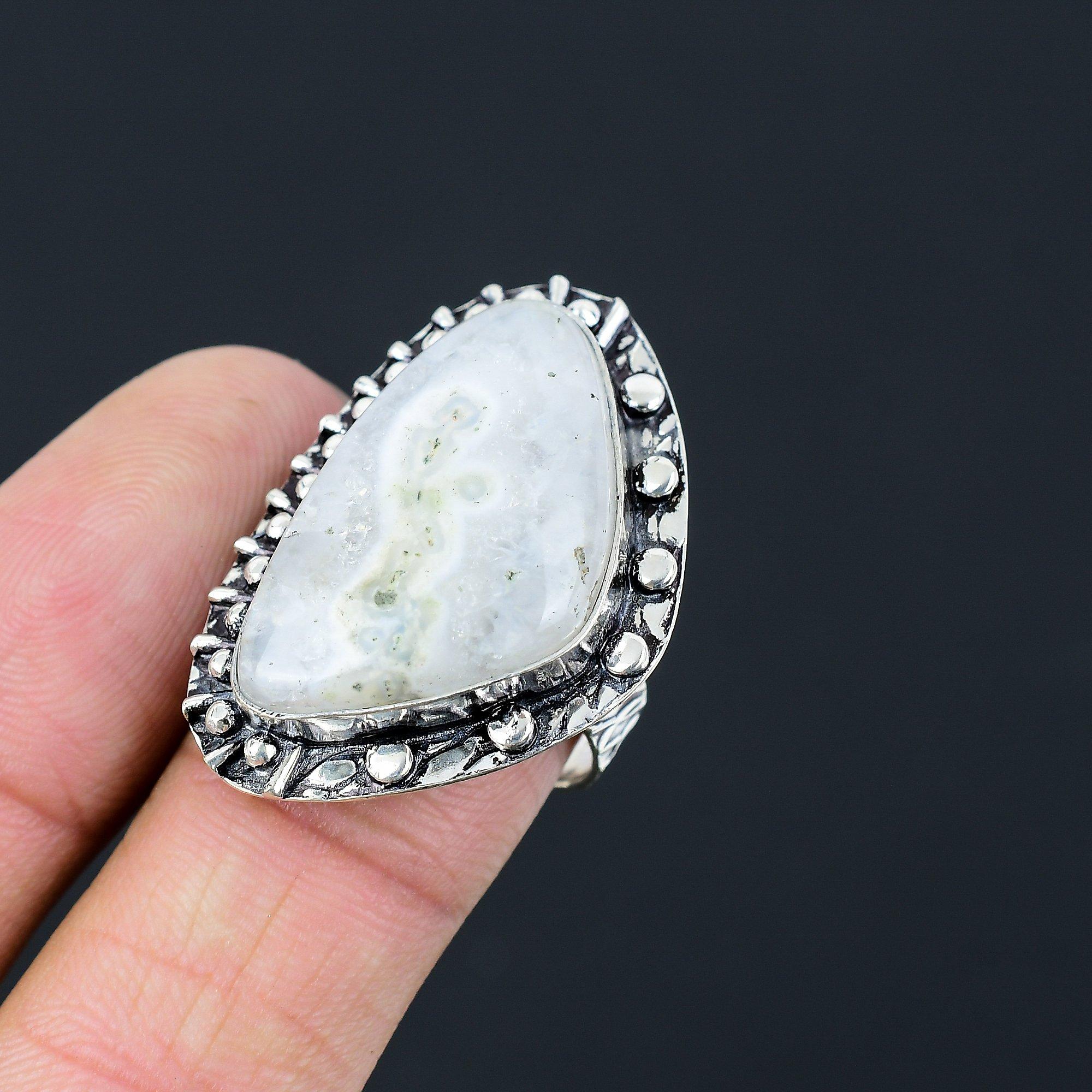 

925 Sterling Silver Solar Moss Opal Gemstone Wife Stackable Ring Jewelry US 8.5 8.5