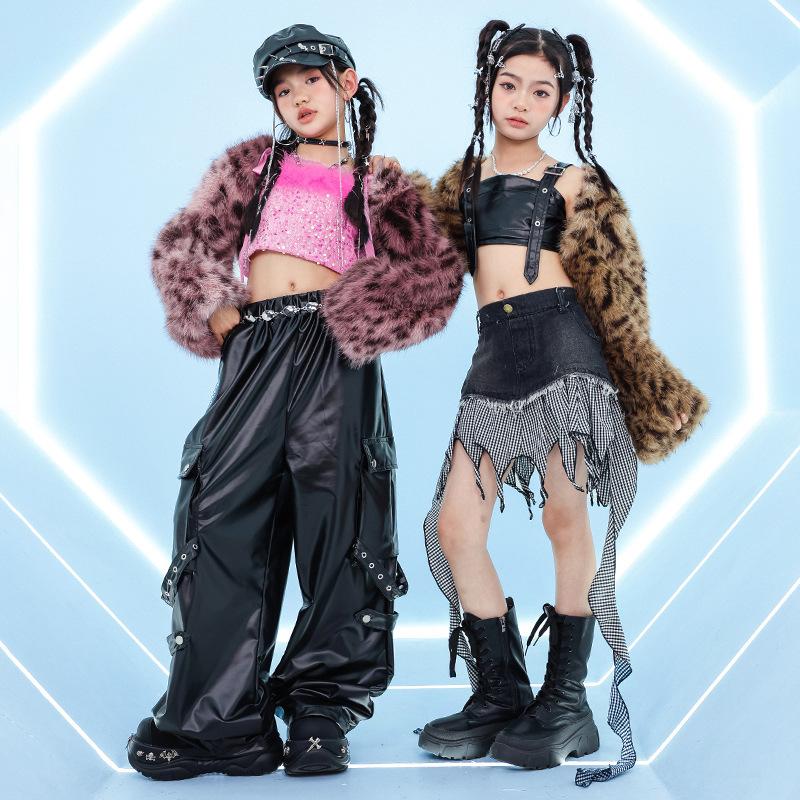 Dziewczęcy kostium do tańca jazzowego, jazz, cekiny, panterka, puszysta kurtka z długim rękawem i spodnie, kostium dla dzieci na street dance, pokaz mody