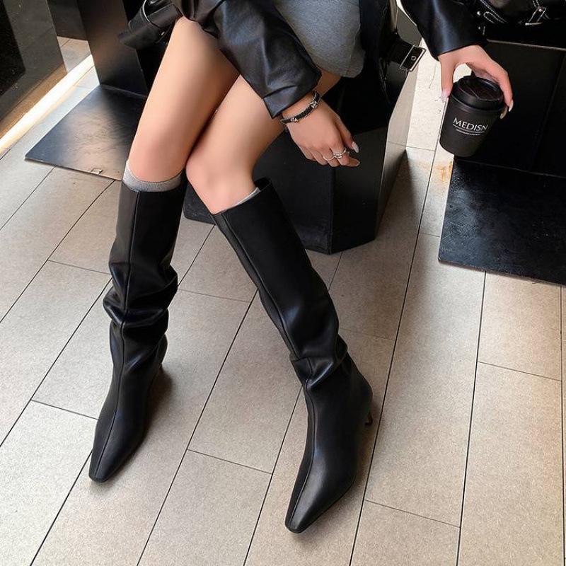 Autumn and Winter New Simple Cat's Eye and Straight Knight Boots French Pointed Temperament Women's High and Knee Long Boots