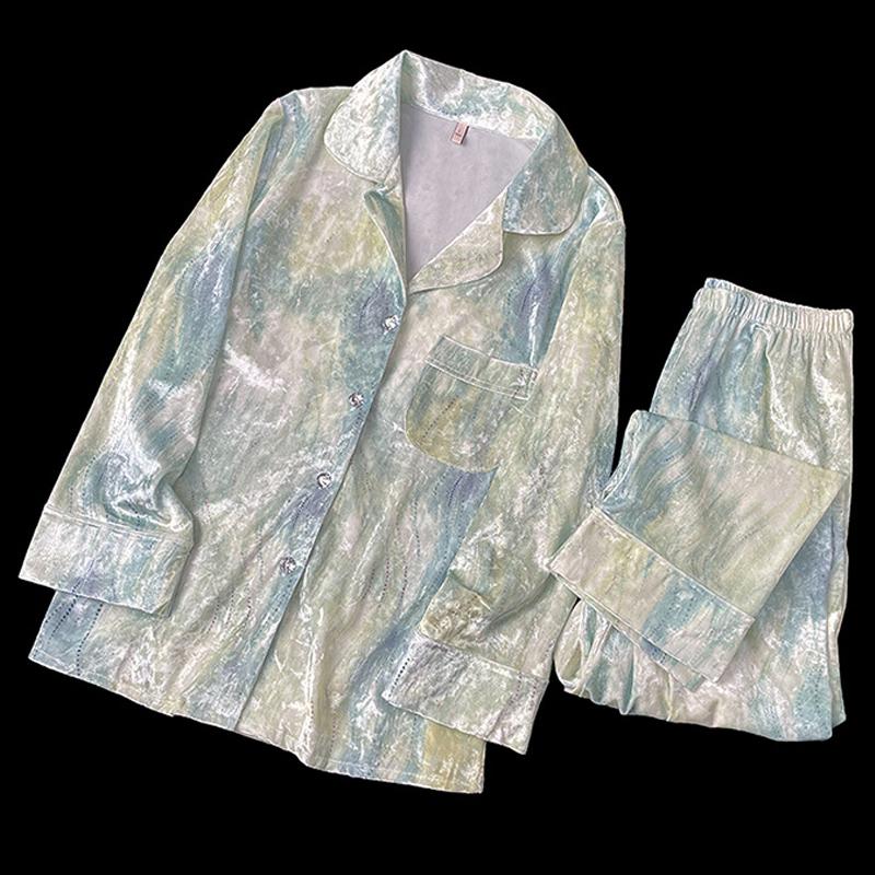 

Женская осенне-зимняя бархатная пижама, сексуальный зеленый принт, пижамный брючный костюм, свободная велюровая домашняя одежда, одежда для отдыха XL зелёный