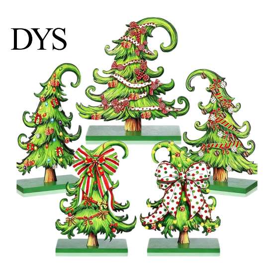 Christmas Table Centerpieces 5 Pcs Wooden Tabletop Tree Signs, Rustic Standing Green Small Xmas Signs Desktop Ornament with Curly Topper for