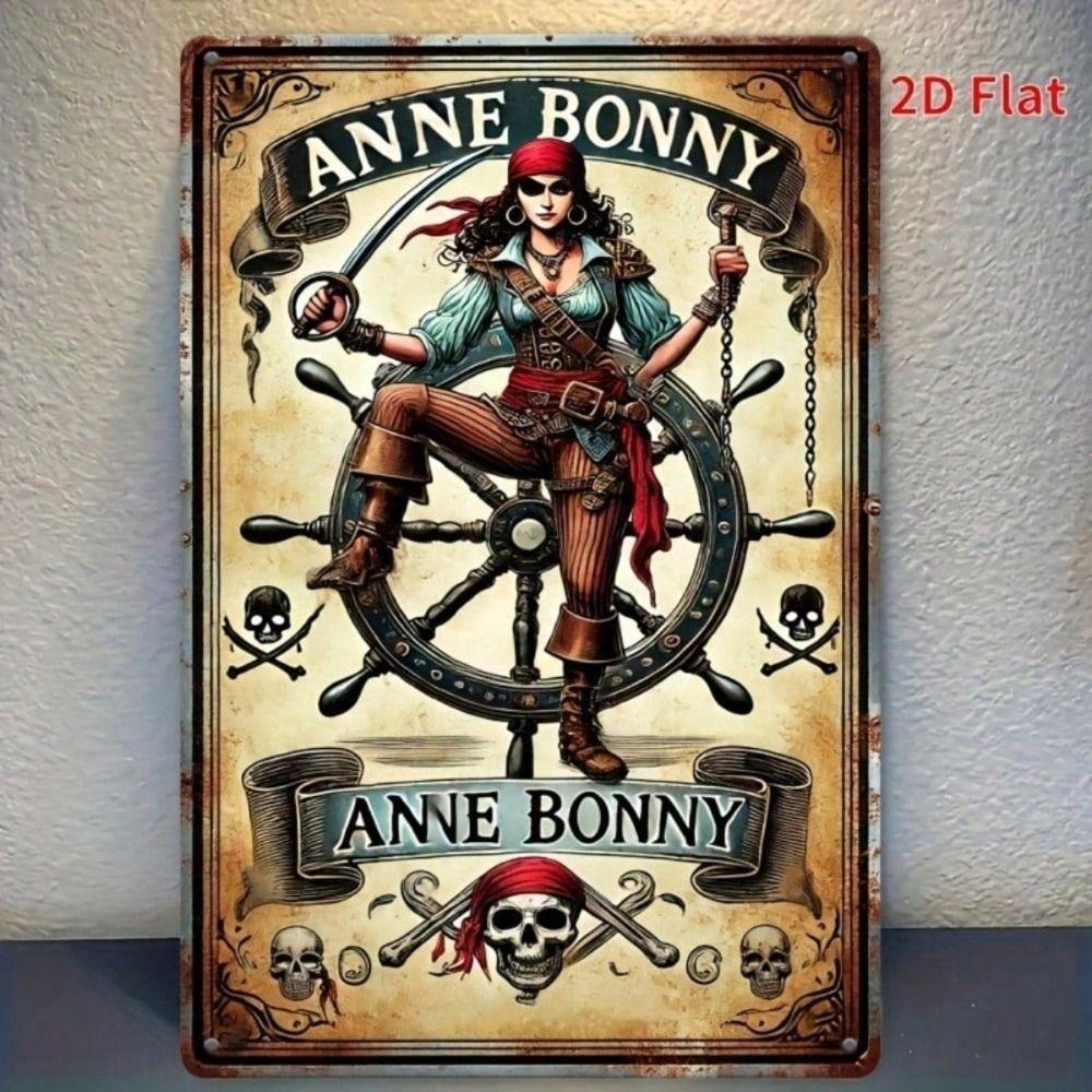 

Vintage Metal Poster Wall Art Anne Bonny Skull Crossbones Bar Decor